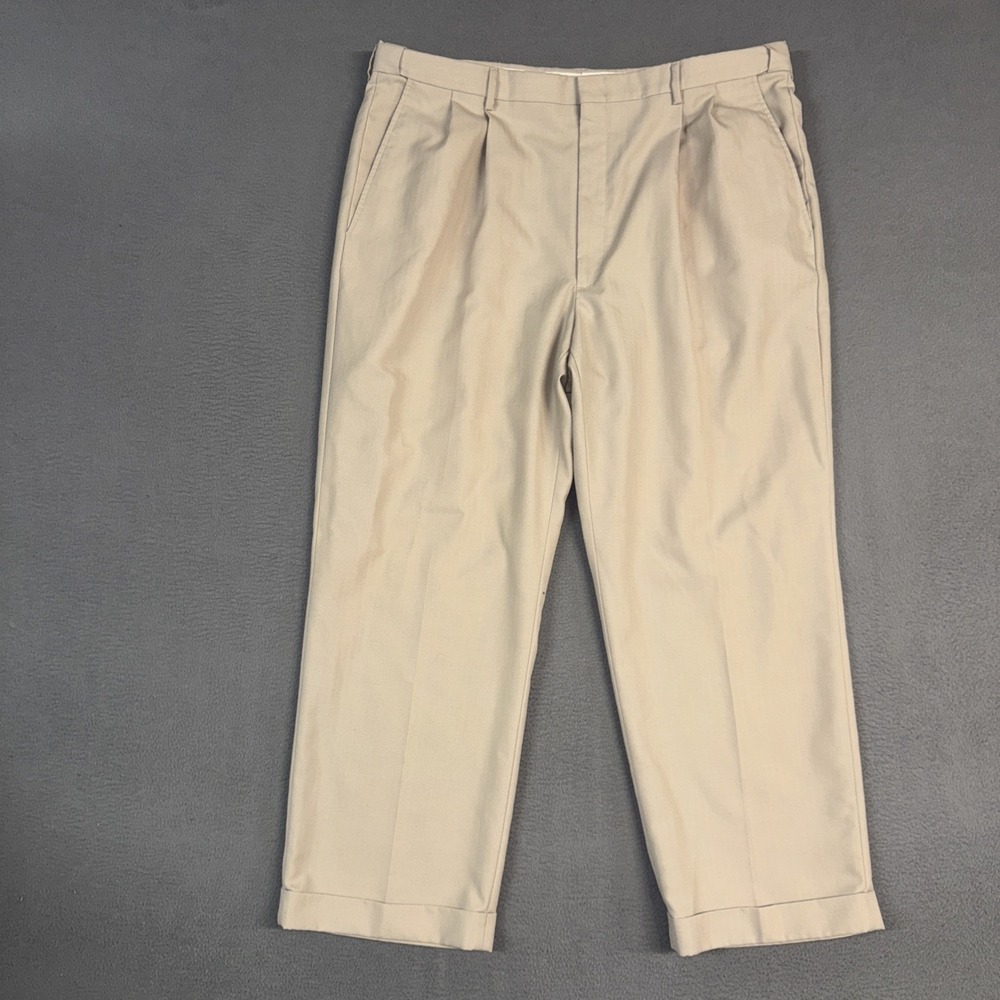 Haggar Pants Mens 40x29 (Fits 38x29) Beige Herringbone Straight Pleated Cuffed